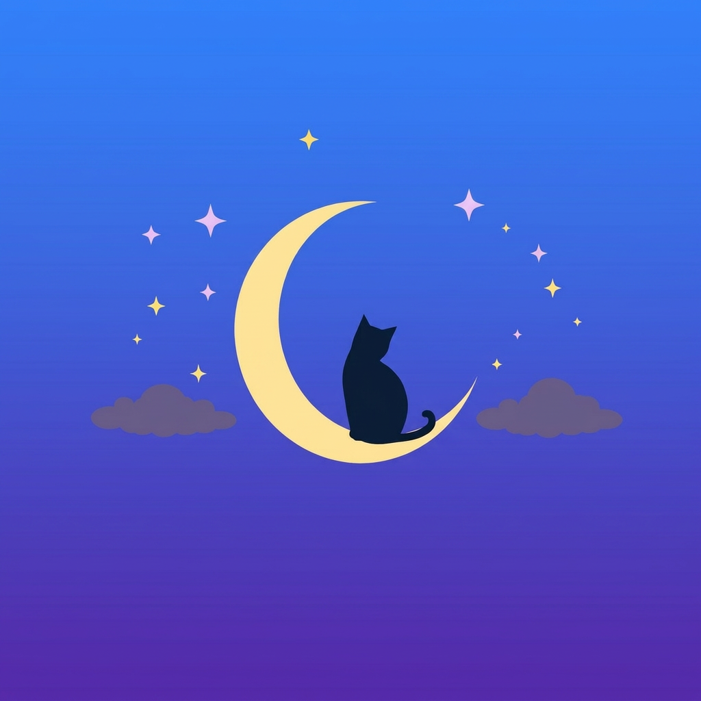 Eine ruhige Katze sitzt auf einem goldenen Halbmond zwischen sanften Sternen vor einem mitternachtsblauen Himmel.